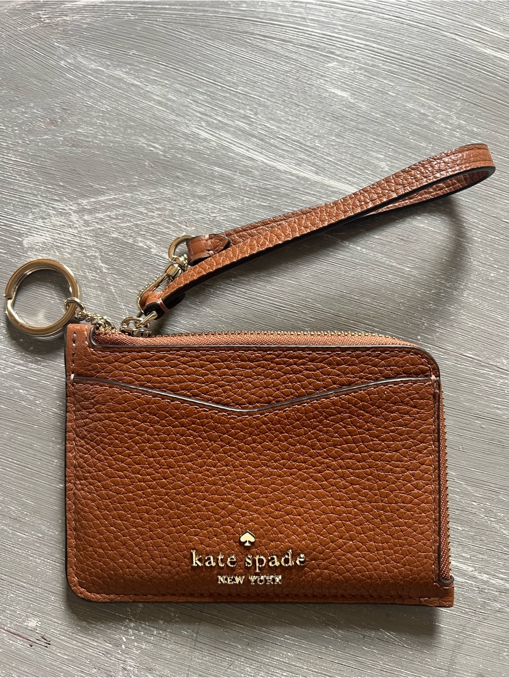 Kate Spade New York Brown Leather Zip Card wallet with Key Ring & wrist strap